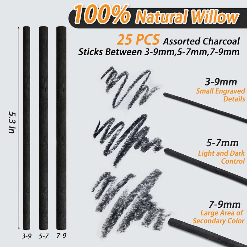 Dlicoda Willow Charcoal Sticks, Natural Willow Charcoal Pencils for Artists, Beginners, Students, Great for Sketching, Drawing, and Shading, Pack of 25 (3-9, Millimeters) - Image 4